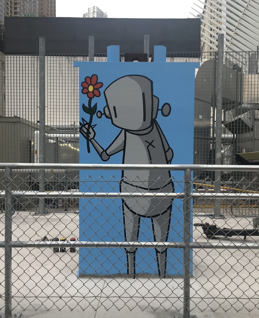 Chris RWK painting of a slouched robot leaning forward mid-step